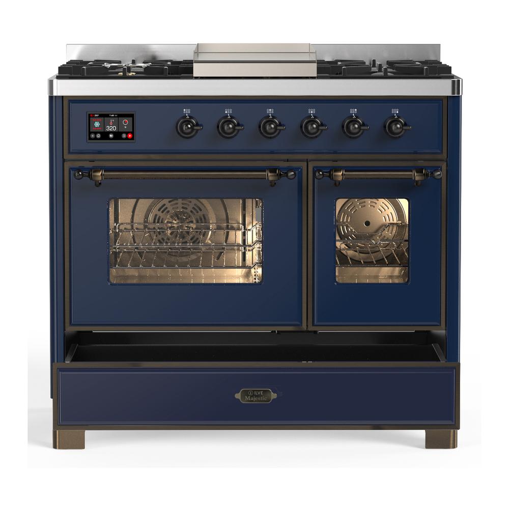 ILVE UMD40FNR3MBBLP Majestic III 40 inch Dual Fuel Range with 6 Burners and Griddle, Dual Function Burner up to 25,000 BTU (Liquid Propane, Triple Glass Door, Midnight Blue, Burnished)