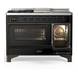ILVE UM48FSNR3BKBLP Majestic III 48 inch Dual Fuel Range with 5 Black Brass Burners, Griddle and French Top, Dual Function Burner up to 25,000 BTU (Liquid Propane, Triple Glass Door, Glossy Black, Burnished)