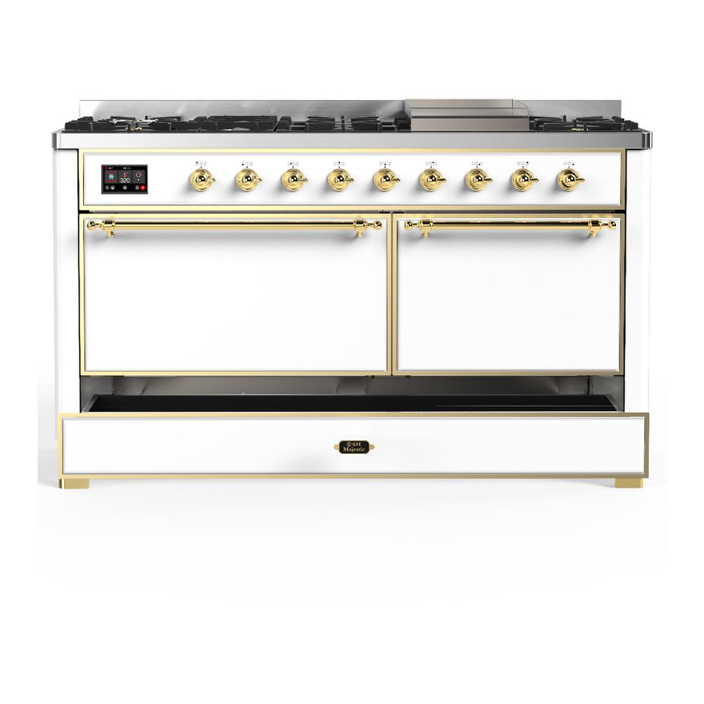 ILVE UM60FQNR3WHGLP Majestic III 60 inch Dual Fuel Range with 9 Burners and Griddle, Dual Function Burner up to 25,000 BTU (Liquid Propane, Solid Door, White, Brass)