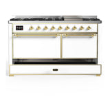ILVE UM60FQNR3WHGLP Majestic III 60 inch Dual Fuel Range with 9 Burners and Griddle, Dual Function Burner up to 25,000 BTU (Liquid Propane, Solid Door, White, Brass)