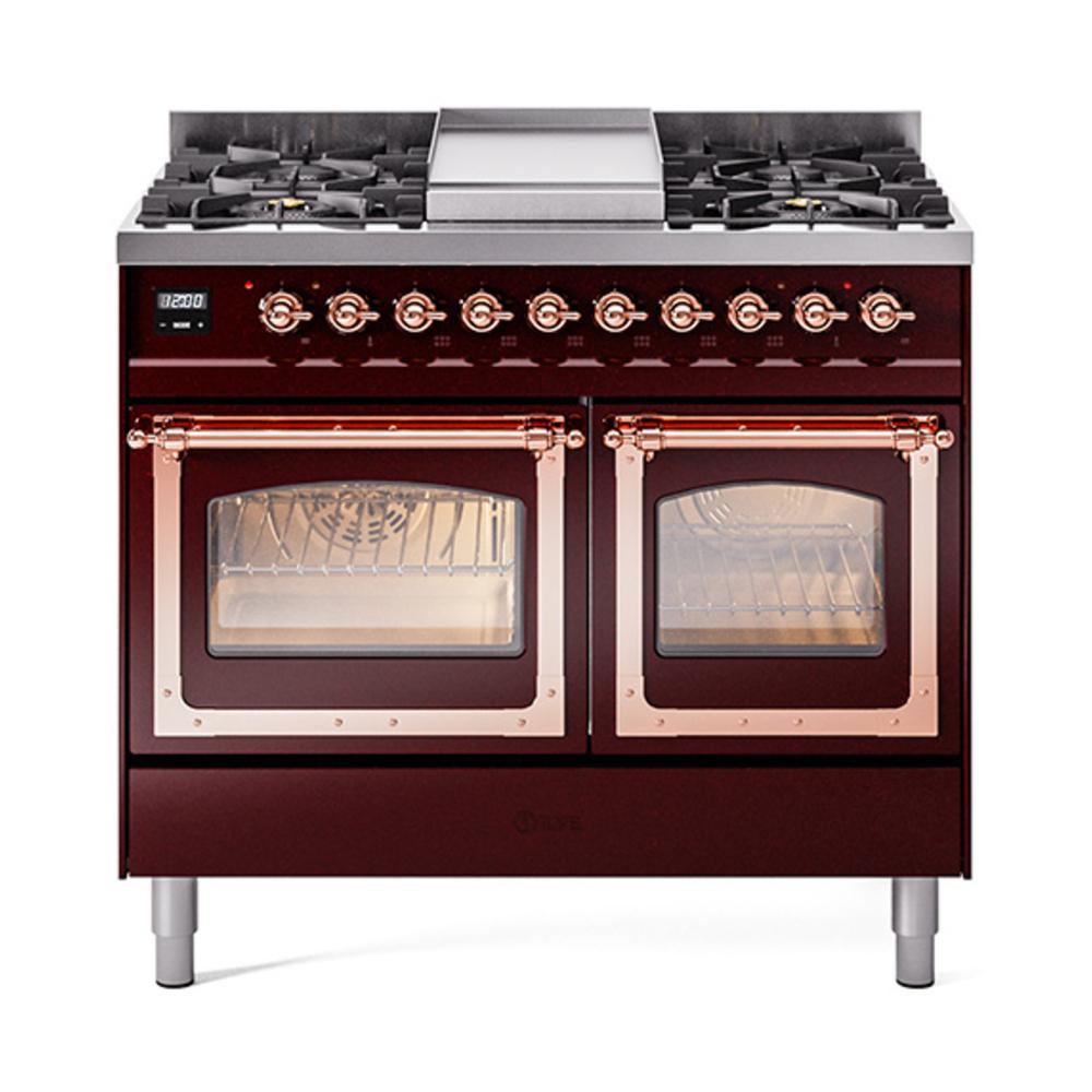 ILVE UND40FNMPBUPLP Nostalgie II Noblesse 40 inch Dual Fuel Range (Liquid Propane, Triple Glass Door, Burgundy, Copper)