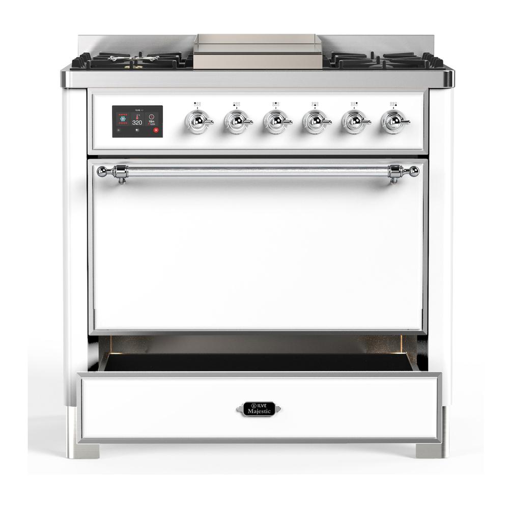 ILVE UM36FQNR3WHC Majestic III 36 inch Dual Fuel Range with 6 Black Brass Burners and Griddle, Dual Function Burner up to 25,000 BTU (Solid Door, White, Chrome, Natural Gas)