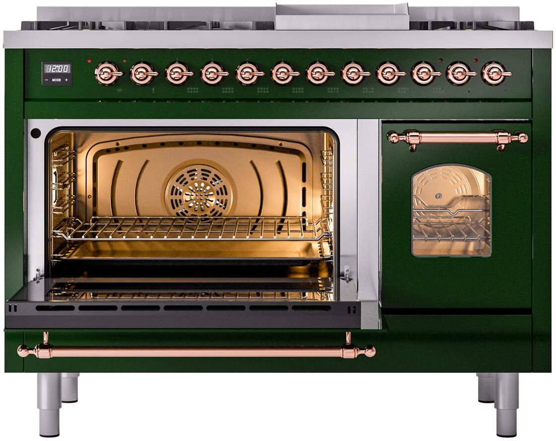 Nostalgie II 48 Inch Dual Fuel Liquid Propane Freestanding Range in Emerald Green with Copper Trim