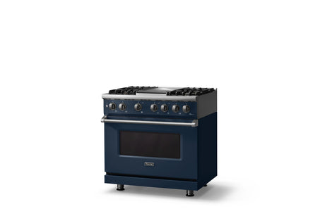 36"W. Dual Fuel Range (Burner: 4g, Finish: Slate Blue, Trim: Polished Chrome, Fuel: Natural Gas)