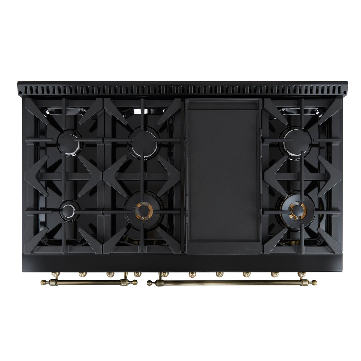 Forno Antico 48-Inch Freestanding Gas Range, Black, Antique Brass Design, 8 Burners, Griddle, Double Ovens, Energy Efficient