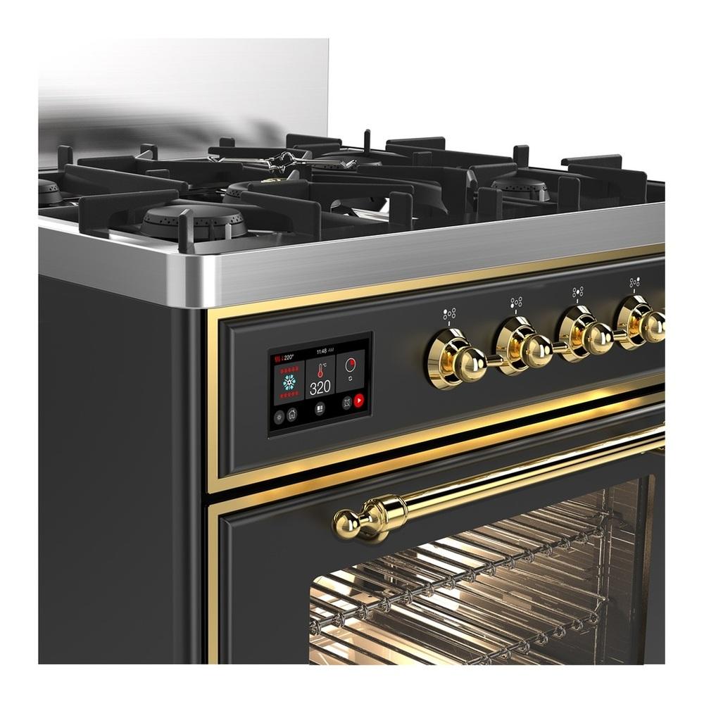 ILVE UM30NR3MGGLP Majestic III 30 inch Dual Fuel Range with 5 Black Brass Burners, Dual Function Burner up to 25,000 BTU (Liquid Propane, Triple Glass Door, Graphite Matte, Brass)
