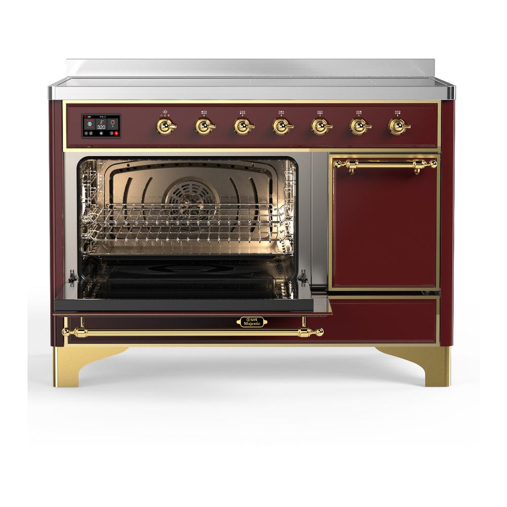 ILVE UMIB48QNR3BUG Majestic III 48 inch Induction Range with 6 Elements, 5.02 cu. ft. Total Oven Capacity (Solid Door, Burgundy, Brass)