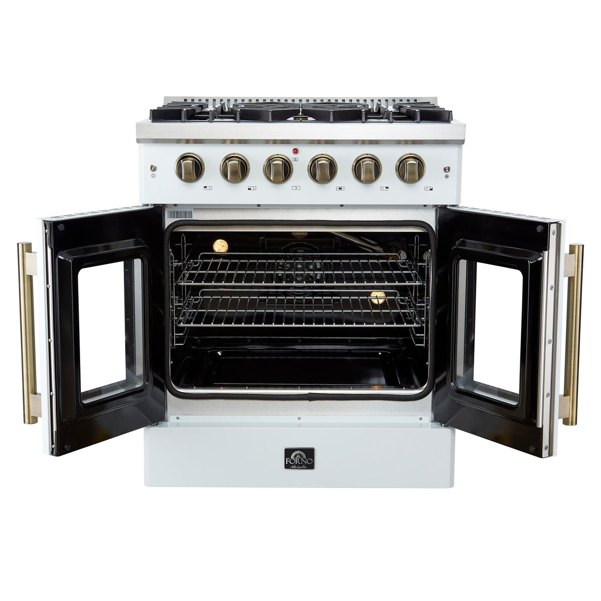 Forno Galiano 30-inch French Door Gas RangenWhite with Antique Brass Design, 5 Burners,n68,000 BTU, 4.32 cu.ft. Convection Oven