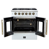 Forno Galiano 30-inch French Door Gas RangenWhite with Antique Brass Design, 5 Burners,n68,000 BTU, 4.32 cu.ft. Convection Oven