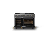 48"W. Sealed Burner Gas Range (Burner: 6g, Finish: Cast Black, Trim: Brushed Brass, Fuel: Propane)