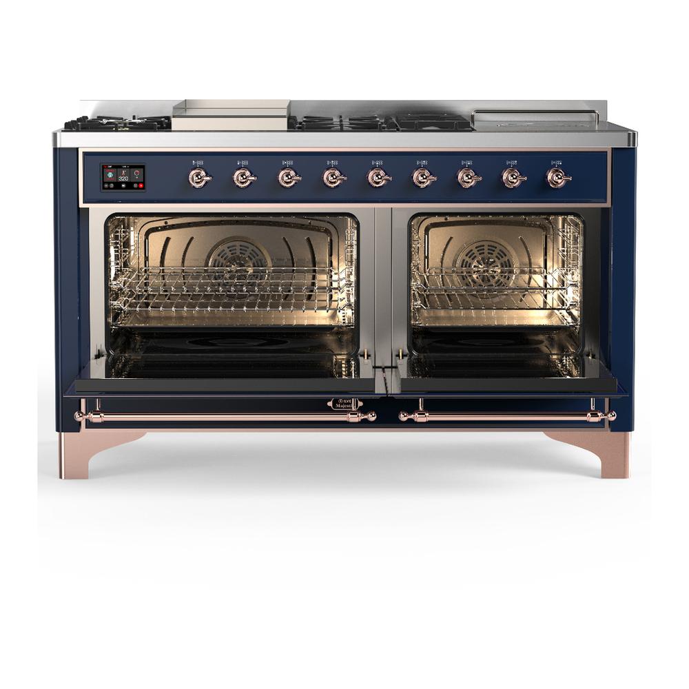 ILVE UM60FSQNR3MBP Majestic III 60 inch Dual Fuel Range with 7 Burners, Griddle and French Top, Dual Function Burner with up to 25,000 BTU (Natural Gas, Solid Door, Midnight Blue, Copper)