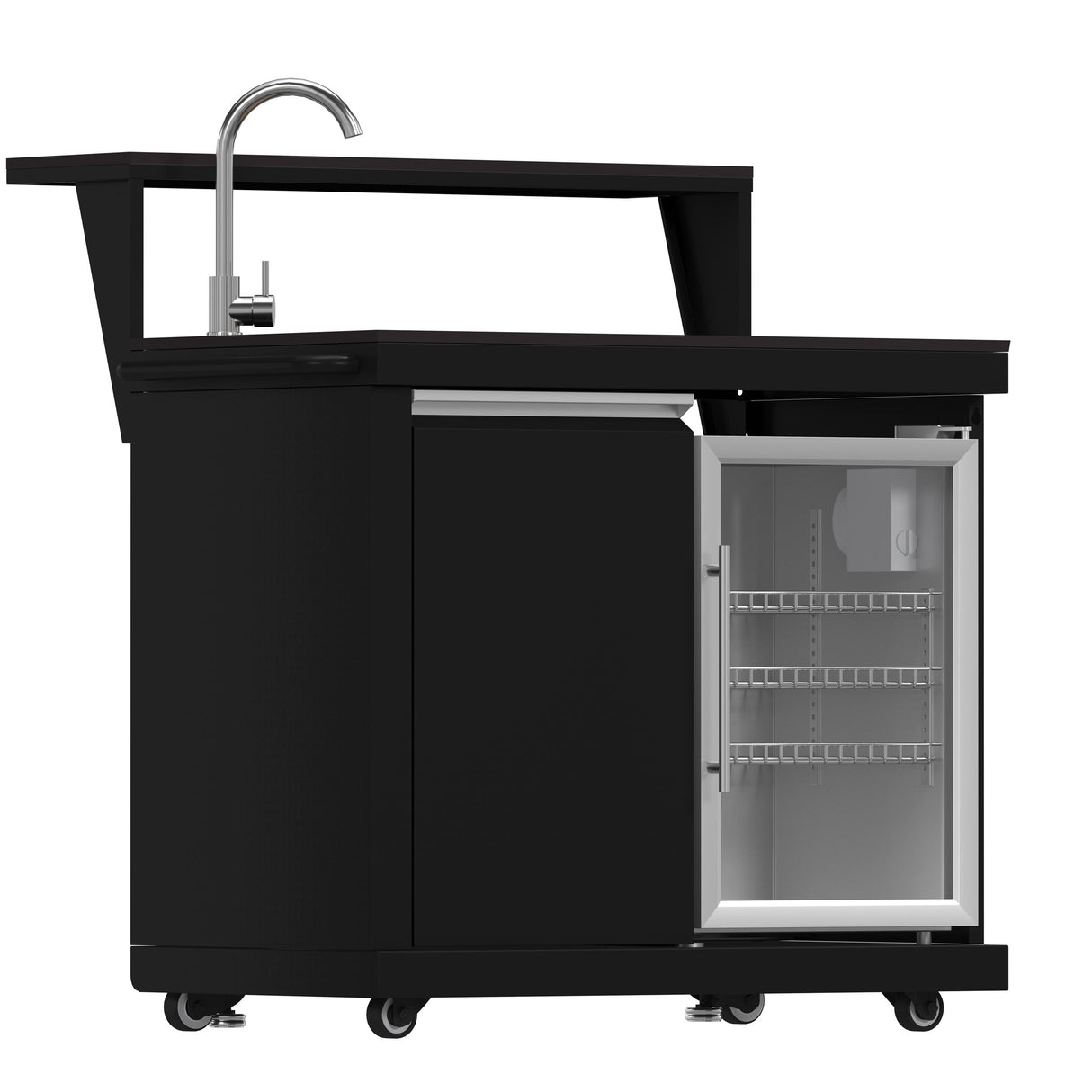 Forno All Aperto 87,600 BTU Outdoor Kitchen, 4 Burners, Infrared Burners, Side Burner, Black Sintered Stone Countertops, Gas Pizza Oven, Sink Module, Bar & Beverage Center