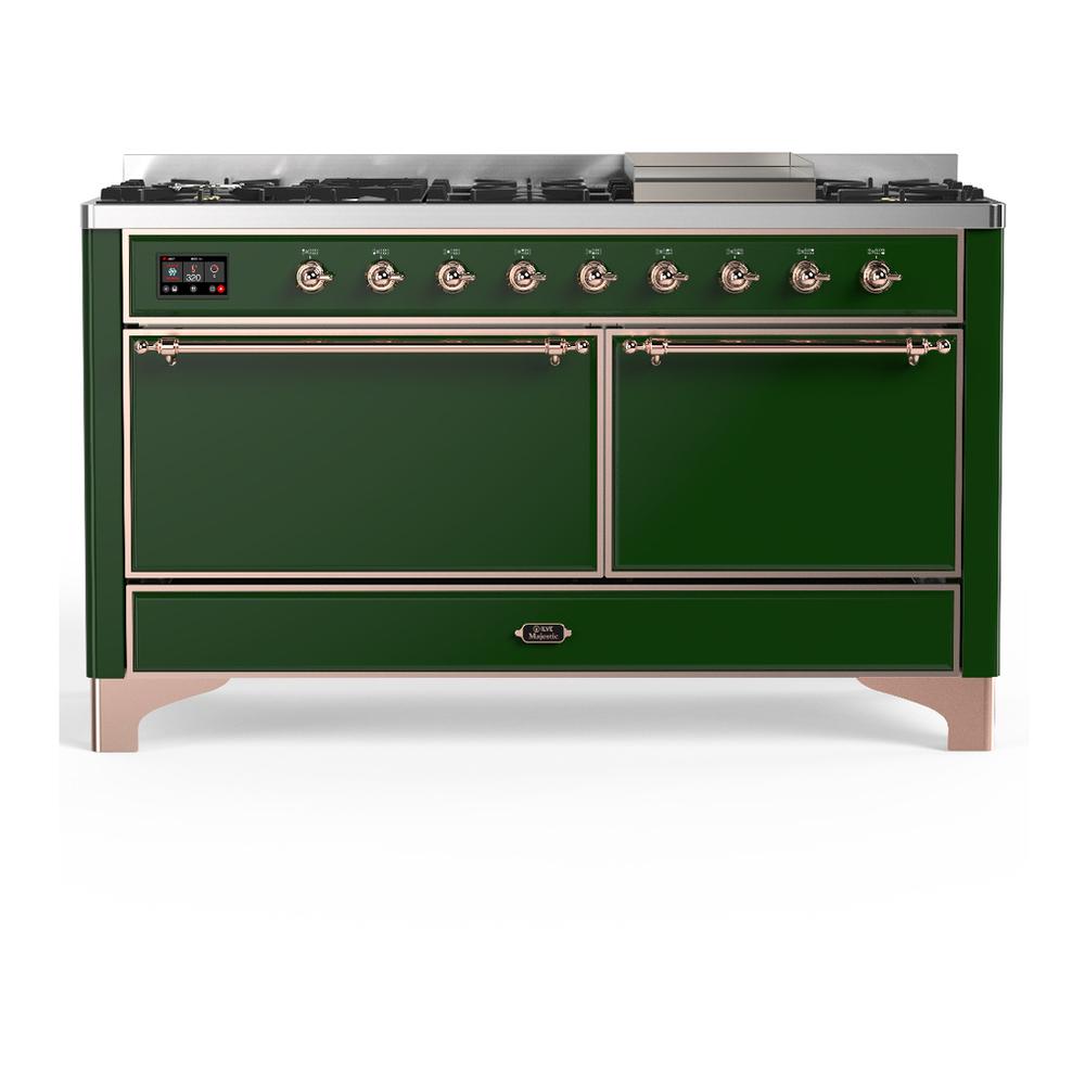 ILVE UM60FQNR3EGPLP Majestic III 60 inch Dual Fuel Range with 9 Burners and Griddle, Dual Function Burner up to 25,000 BTU (Liquid Propane, Solid Door, Emerald Green, Copper)