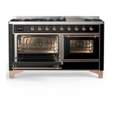 ILVE UM60FNR3BKP Majestic III 60 inch Dual Fuel Range with 9 Burners and Griddle, Dual Function Burner up to 25,000 BTU (Natural Gas, Triple Glass Door, Glossy Black, Copper)