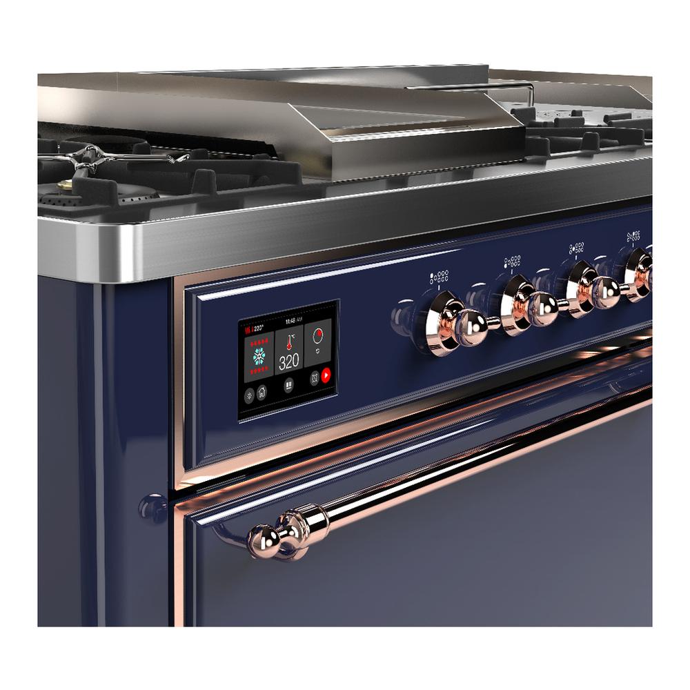 ILVE UM60FSQNR3MBPLP Majestic III 60 inch Dual Fuel Range with 7 Burners, Griddle and French Top, Dual Function Burner with up to 25,000 BTU (Liquid Propane, Solid Door, Midnight Blue, Copper)