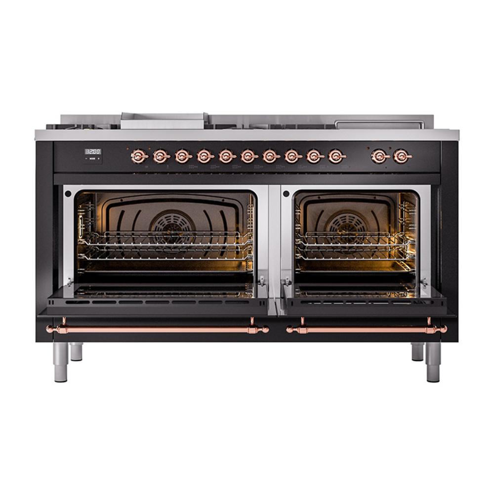 ILVE UN60FSNMPBKP Nostalgie II Noblesse 60 inch Dual Fuel Range (7 Sealed Burners + Griddle + French Top, Natural Gas, Triple Glass Door, Glossy Black, Copper)