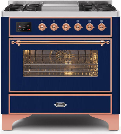 Majestic II 36 Inch Dual Fuel Natural Gas Freestanding Range in Blue with Copper Trim