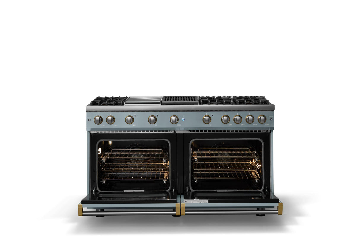 60"W. Sealed Burner Gas Range (Finish: November Sky, Trim: Brushed Brass, Fuel: Propane)