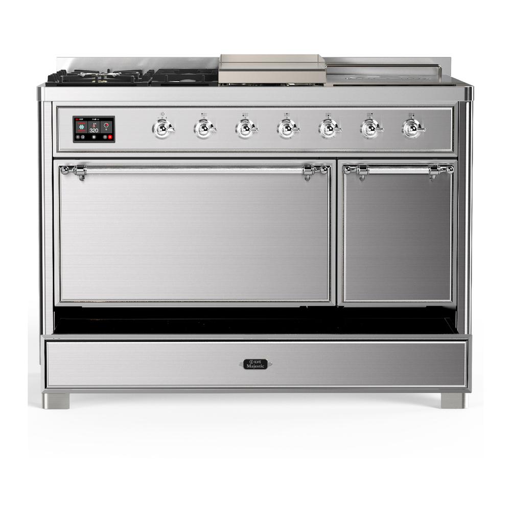 ILVE UM48FSQNR3SSCLP Majestic III 48 inch Dual Fuel Range with 5 Black Brass Burners, Griddle and French Top, Dual Function Burner up to 25,000 BTU (Liquid Propane, Solid Door, Stainless Steel, Chrome)