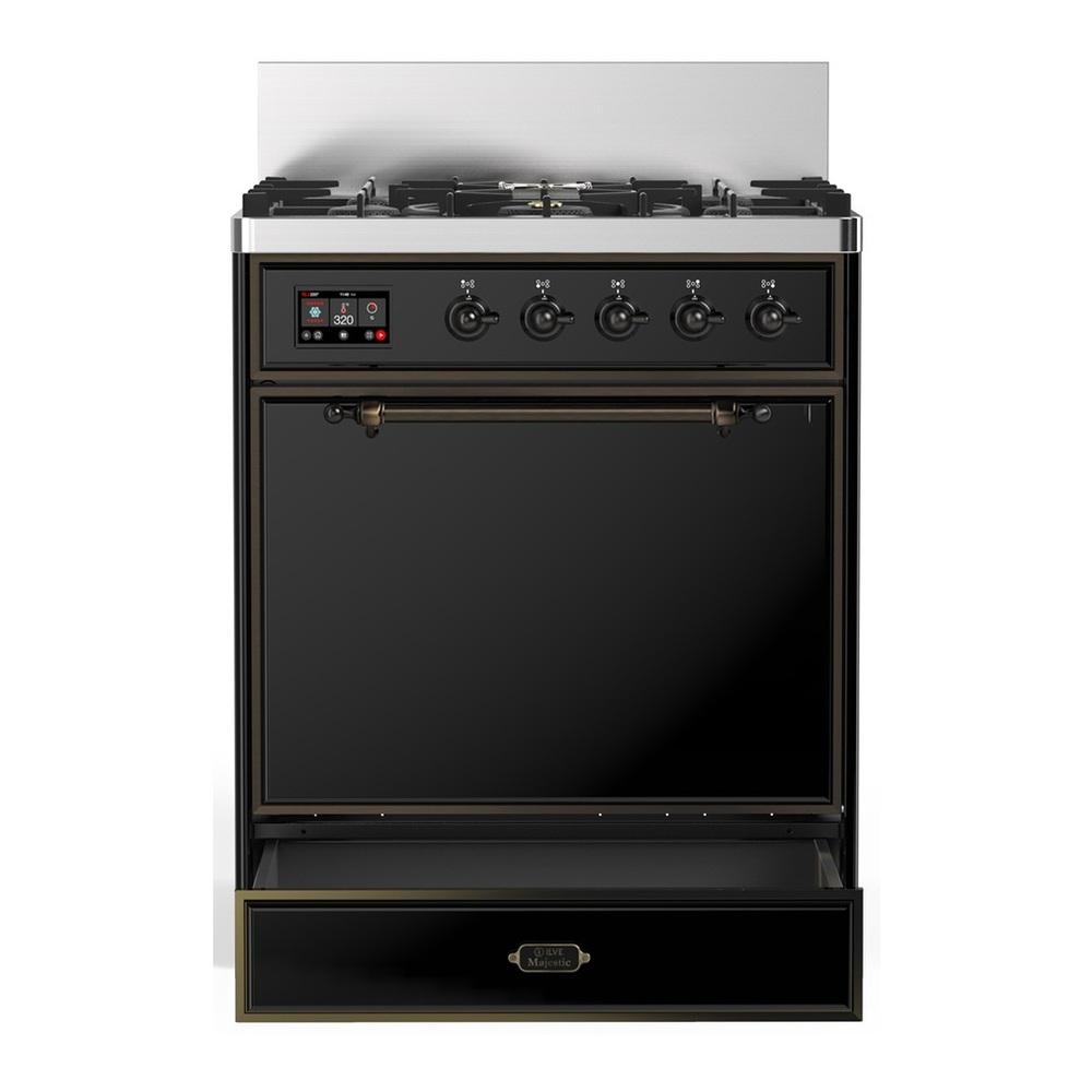 ILVE UM30QNR3BKBLP Majestic III 30 inch Dual Fuel Range with 5 Black Brass Burners, Dual Function Burner up to 25,000 BTU (Liquid Propane, Solid Door, Glossy Black, Burnished)