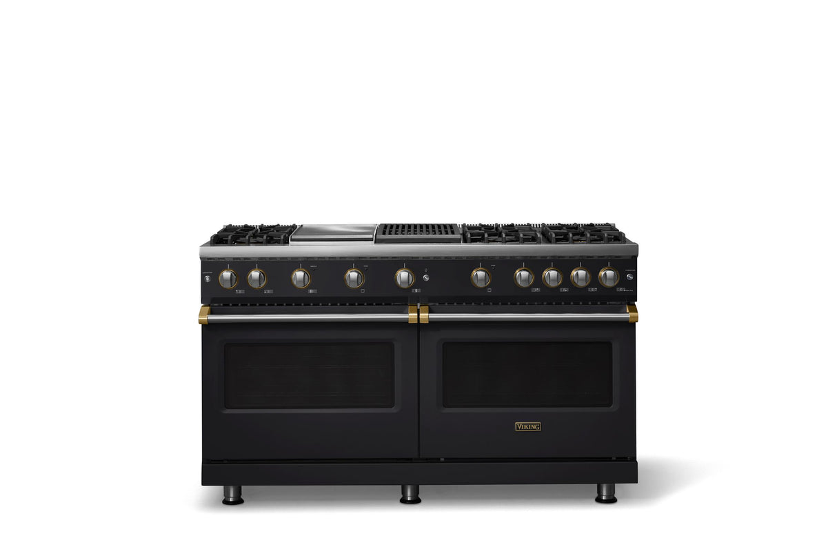 60"W. Sealed Burner Gas Range (Finish: Onyx, Trim: Brushed Brass, Fuel: Propane)