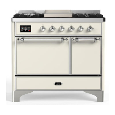 ILVE UMD40FQNR3AWCLP Majestic III 40 inch Dual Fuel Range with 6 Burners and Griddle, Dual Function Burner up to 25,000 BTU (Liquid Propane, Solid Door, Antique White, Chrome)