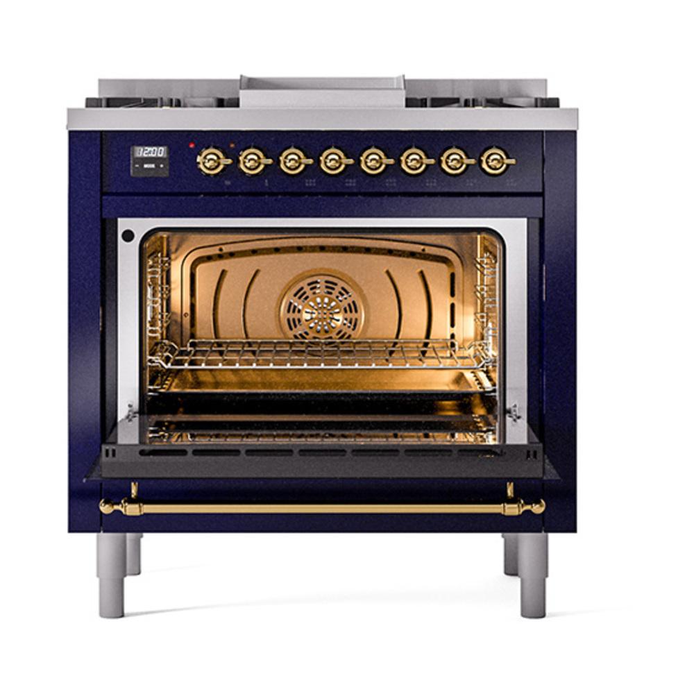 ILVE UN36FNMPMBG Nostalgie II Noblesse 36 inch Dual Fuel Range (Natural Gas, Triple Glass Door, Midnight Blue, Brass)