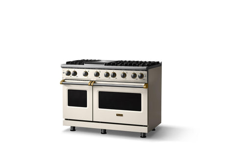 48"W. Sealed Burner Gas Range (Burner: 6g, Finish: Pure White, Trim: Brushed Brass, Fuel: Propane)