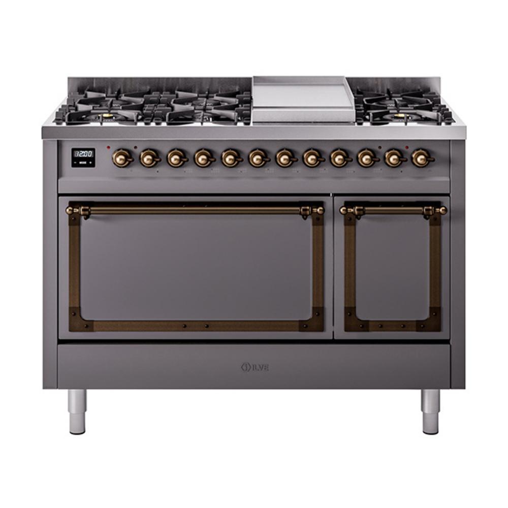 ILVE UN48FQNMPMGBLP Nostalgie II Noblesse 48 inch Dual Fuel Range (8 Sealed Burners + Griddle, Liquid Propane, Solid Door, Graphite Matte, Burnished)