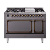 ILVE UN48FQNMPMGBLP Nostalgie II Noblesse 48 inch Dual Fuel Range (8 Sealed Burners + Griddle, Liquid Propane, Solid Door, Graphite Matte, Burnished)