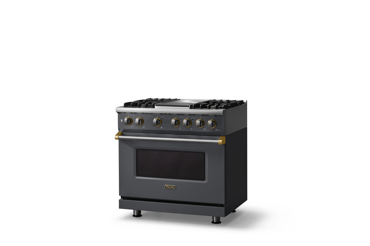 36"W. Dual Fuel Range (Burner: 4g, Finish: Cast Black, Trim: Brushed Brass, Fuel: Natural Gas)