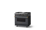 36"W. Dual Fuel Range (Burner: 4g, Finish: Cast Black, Trim: Brushed Brass, Fuel: Natural Gas)