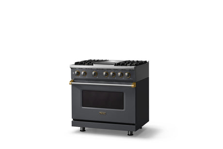 36"W. Dual Fuel Range (Burner: 4g, Finish: Cast Black, Trim: Brushed Brass, Fuel: Natural Gas)