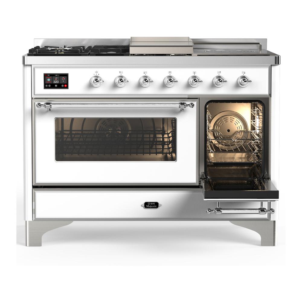 ILVE UM48FSNR3WHC Majestic III 48 inch Dual Fuel Range with 5 Black Brass Burners, Griddle and French Top, Dual Function Burner up to 25,000 BTU (Natural Gas, Triple Glass Door, White, Chrome)