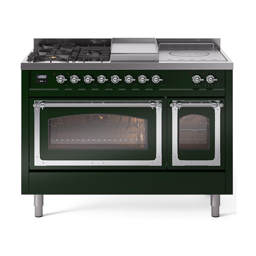 ILVE UN48FSNMPEGCLP Nostalgie II Noblesse 48 inch Dual Fuel Range (5 Sealed Burners + Griddle + French Top, Liquid Propane, Triple Glass Door, Emerald Green, Chrome)