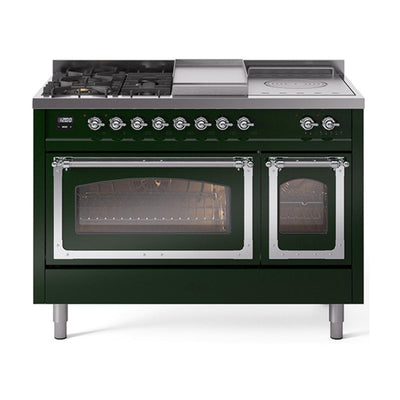 ILVE UN48FSNMPEGCLP Nostalgie II Noblesse 48 inch Dual Fuel Range (5 Sealed Burners + Griddle + French Top, Liquid Propane, Triple Glass Door, Emerald Green, Chrome)