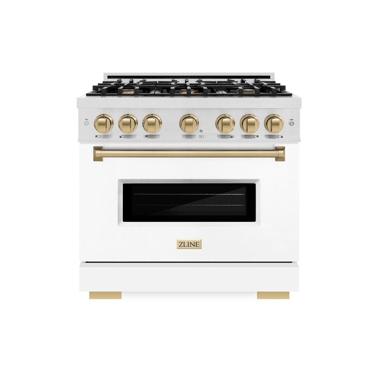 ZLINE Autograph Edition 36 in. 5.2 cu. ft. Classic Gas Range with 6 Burner Cooktop and Convection Gas Oven in DuraSnow' Stainless Steel with White Matte Door and Champagne Bronze Accents (CGRSZ-WM-36-CB)
