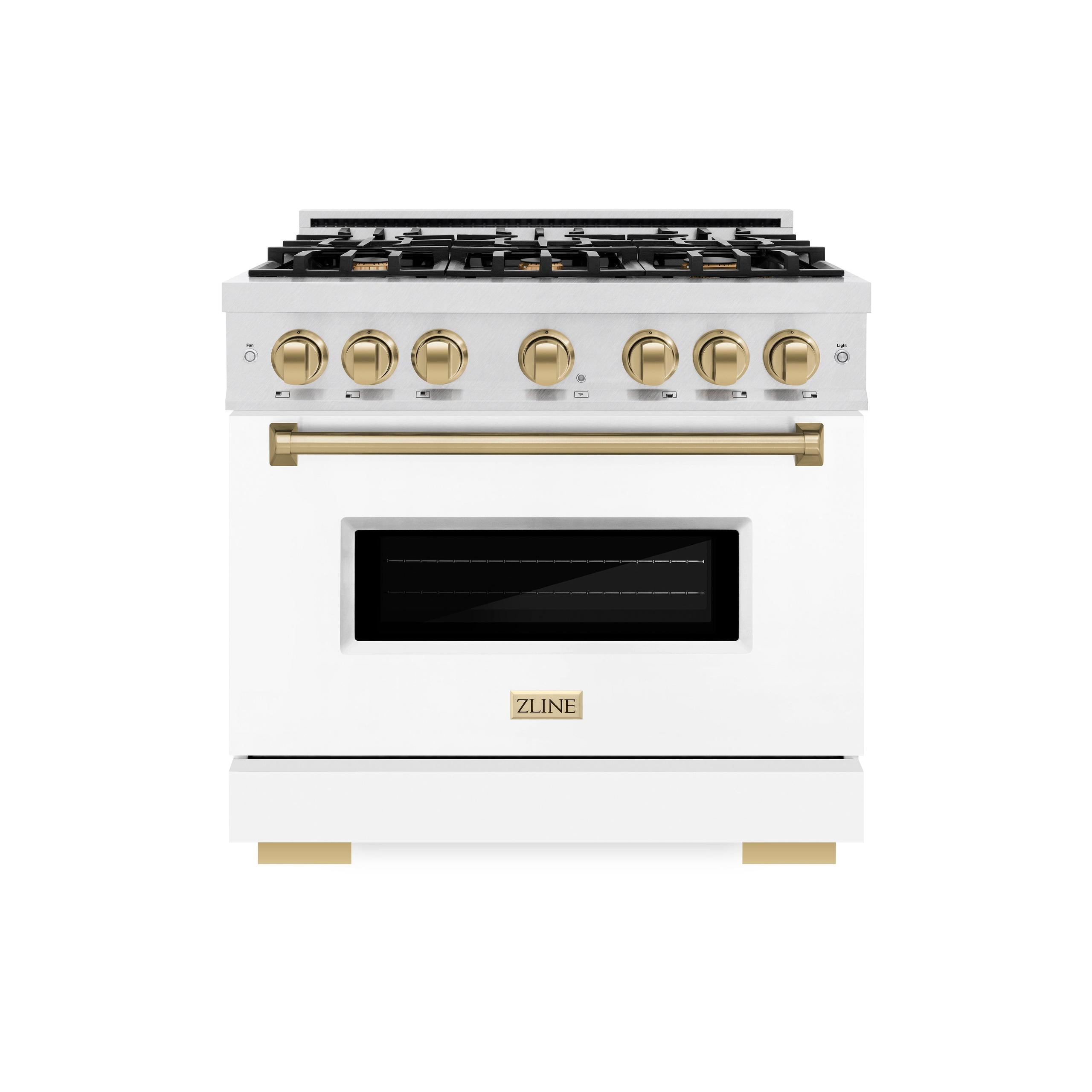 ZLINE Autograph Edition 36 in. 5.2 cu. ft. Classic Gas Range with 6 Burner Cooktop and Convection Gas Oven in DuraSnow' Stainless Steel with White Matte Door and Champagne Bronze Accents (CGRSZ-WM-36-CB)
