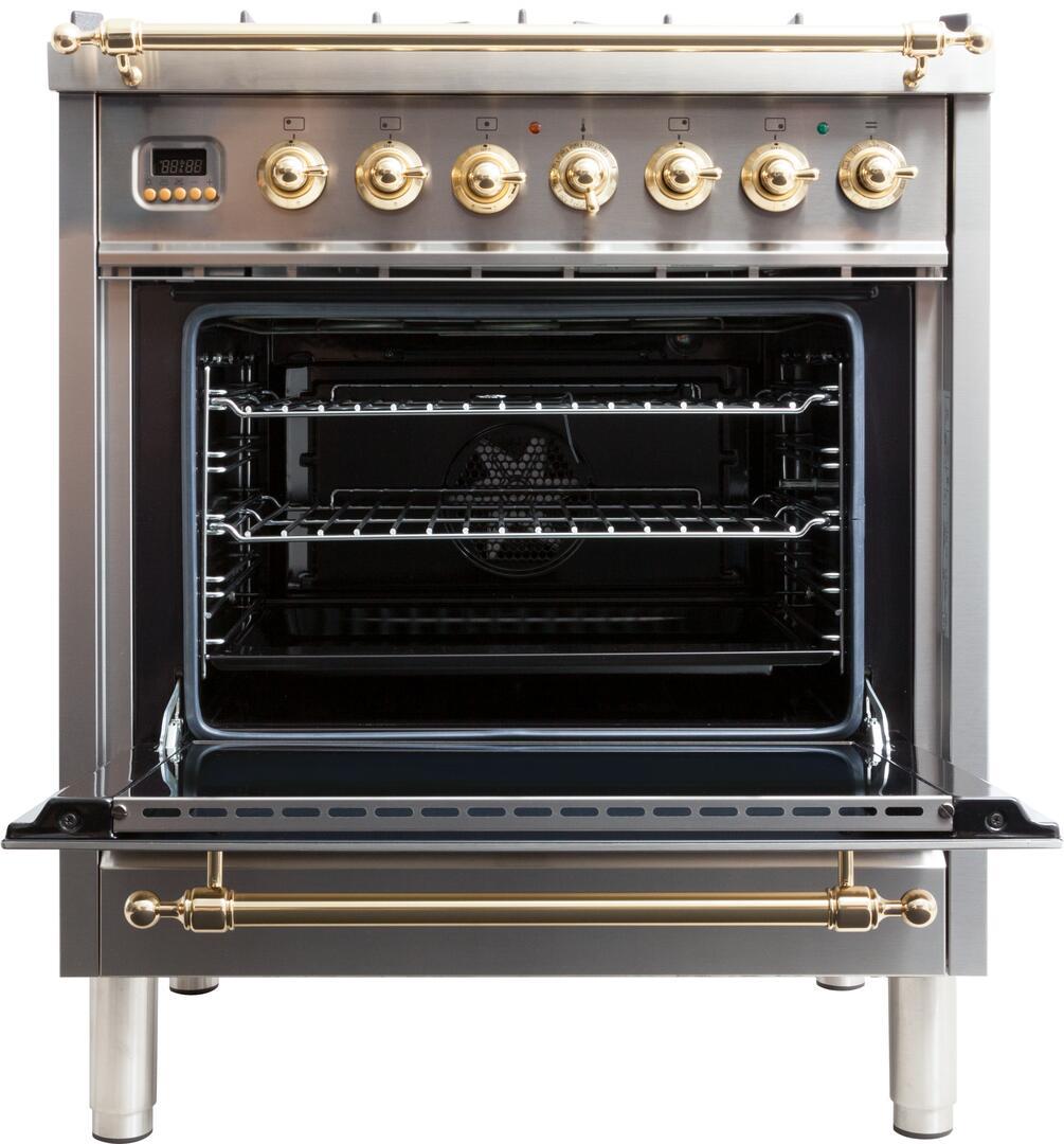 Nostalgie 30 Inch Dual Fuel Natural Gas Freestanding Range in Stainless Steel with Brass Trim