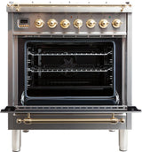 Nostalgie 30 Inch Dual Fuel Natural Gas Freestanding Range in Stainless Steel with Brass Trim