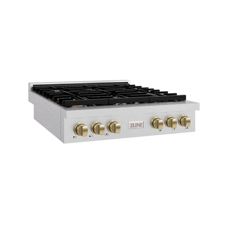 ZLINE 36 in. Autograph Edition Paramount Gas Rangetop with 6 Burners and Porcelain Cooktop in DuraSnow' Stainless Steel with Champagne Bronze Accents (SRTSZ-36-CB)
