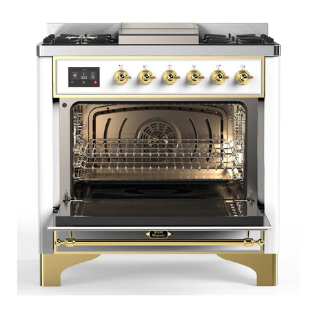 ILVE UM36FNR3WHGLP Majestic III 36 inch Dual Fuel Range with 6 Black Brass Burners and Griddle, Dual Function Burner up to 25,000 BTU (Triple Glass Door, White, Brass, Liquid Propane)