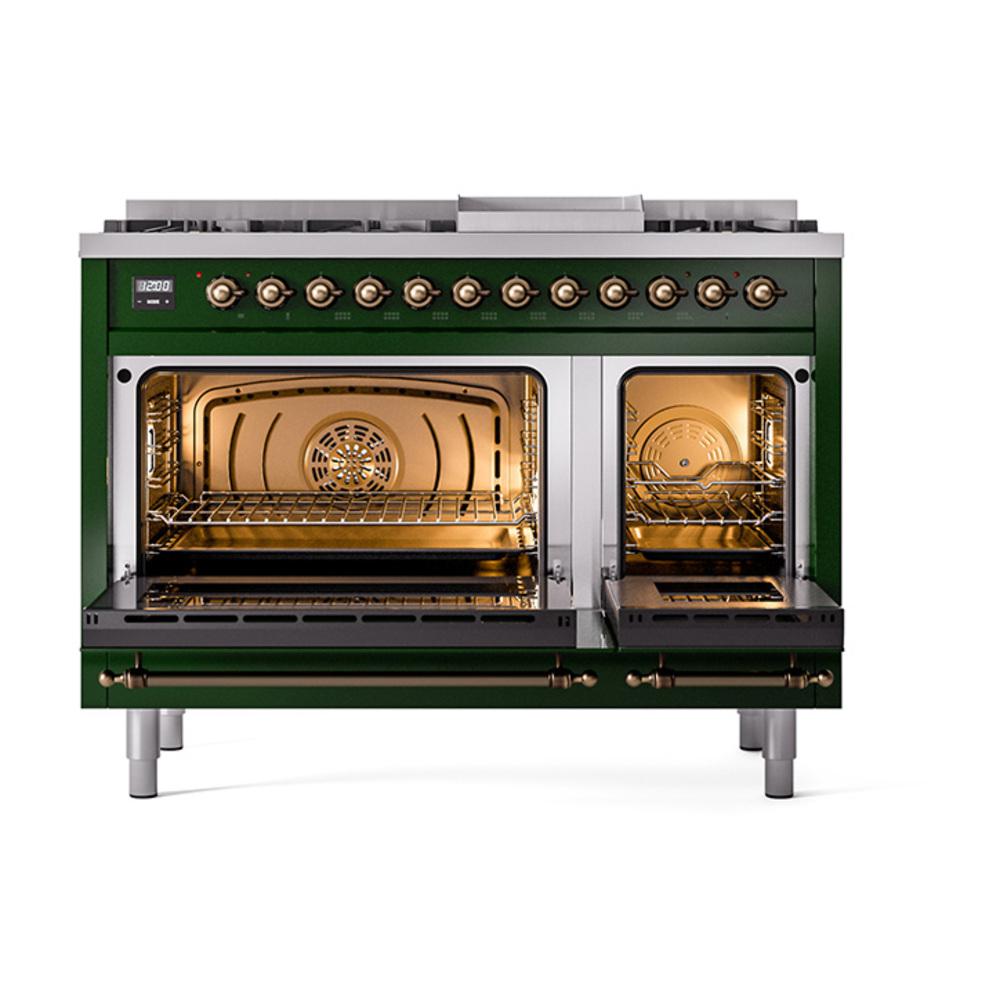 ILVE UN48FNMPEGBLP Nostalgie II Noblesse 48 inch Dual Fuel Range (8 Sealed Burners + Griddle, Liquid Propane, Triple Glass Door, Emerald Green, Burnished)