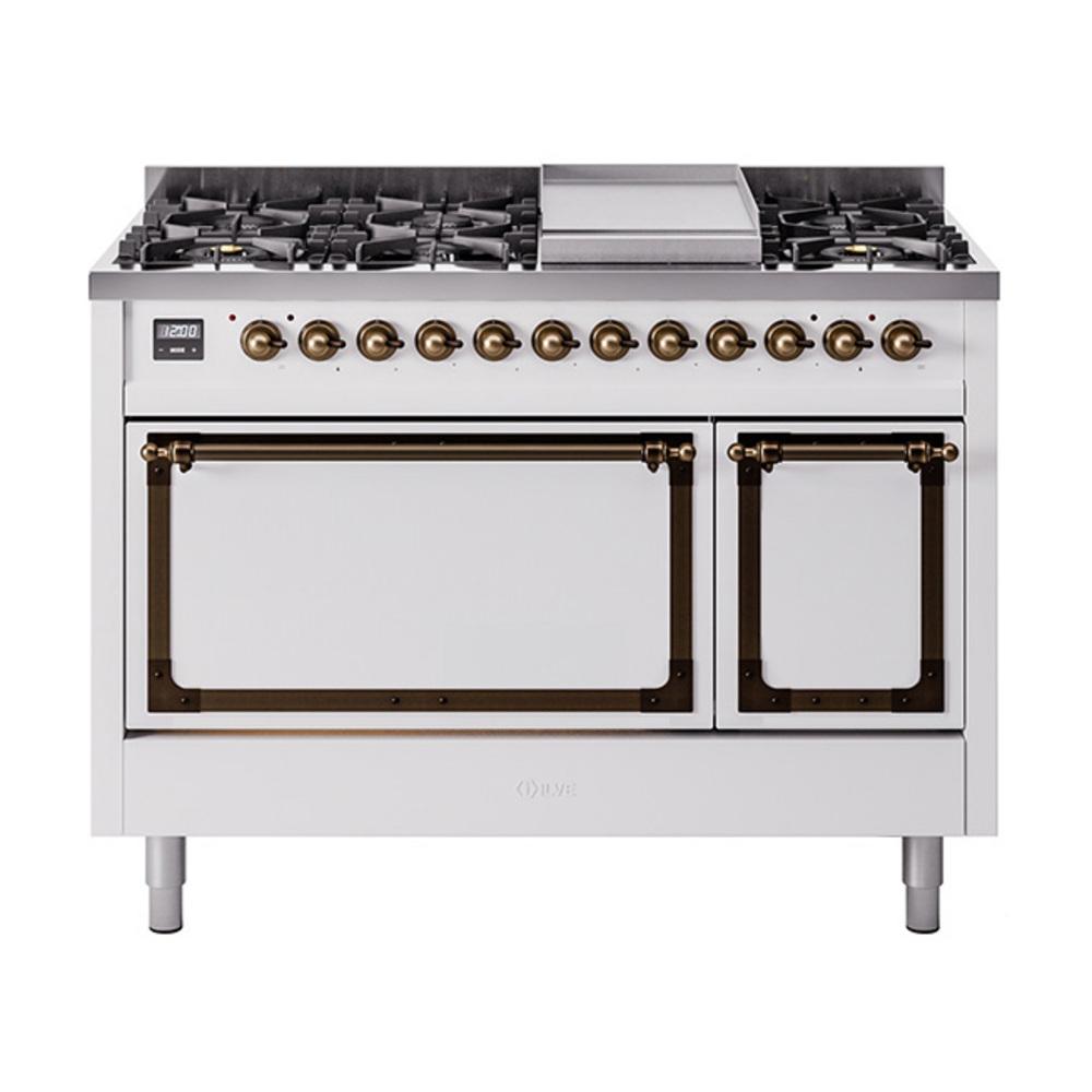 ILVE UN48FQNMPWHBLP Nostalgie II Noblesse 48 inch Dual Fuel Range (8 Sealed Burners + Griddle, Liquid Propane, Solid Door, White, Burnished)