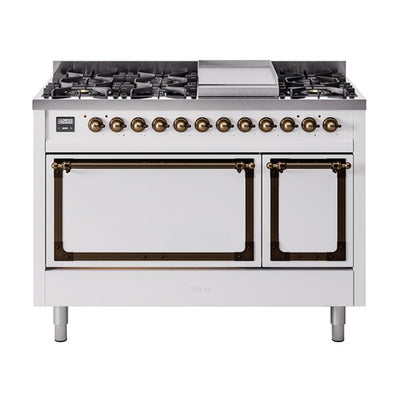ILVE UN48FQNMPWHBLP Nostalgie II Noblesse 48 inch Dual Fuel Range (8 Sealed Burners + Griddle, Liquid Propane, Solid Door, White, Burnished)