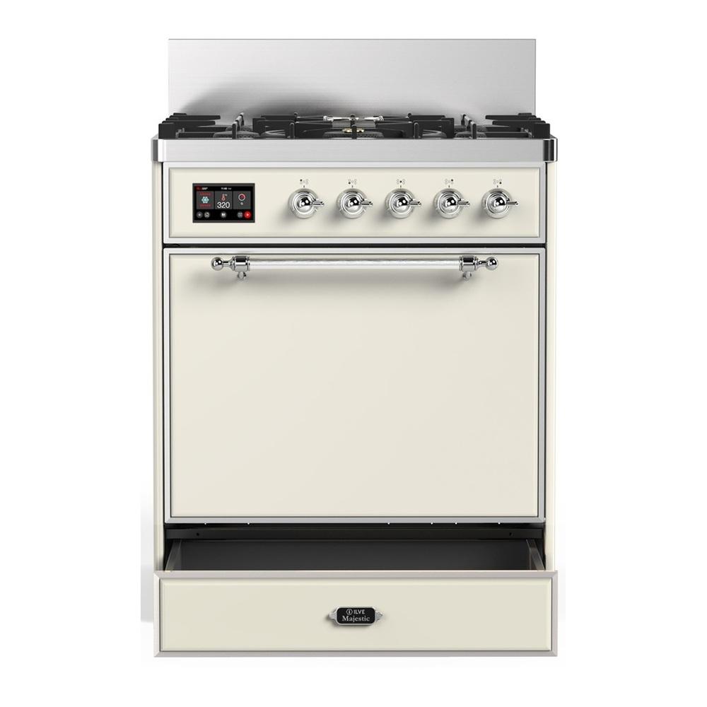 ILVE UM30QNR3AWCLP Majestic III 30 inch Dual Fuel Range with 5 Black Brass Burners, Dual Function Burner up to 25,000 BTU (Liquid Propane, Solid Door, Antique White, Chrome)