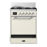 ILVE UM30QNR3AWCLP Majestic III 30 inch Dual Fuel Range with 5 Black Brass Burners, Dual Function Burner up to 25,000 BTU (Liquid Propane, Solid Door, Antique White, Chrome)