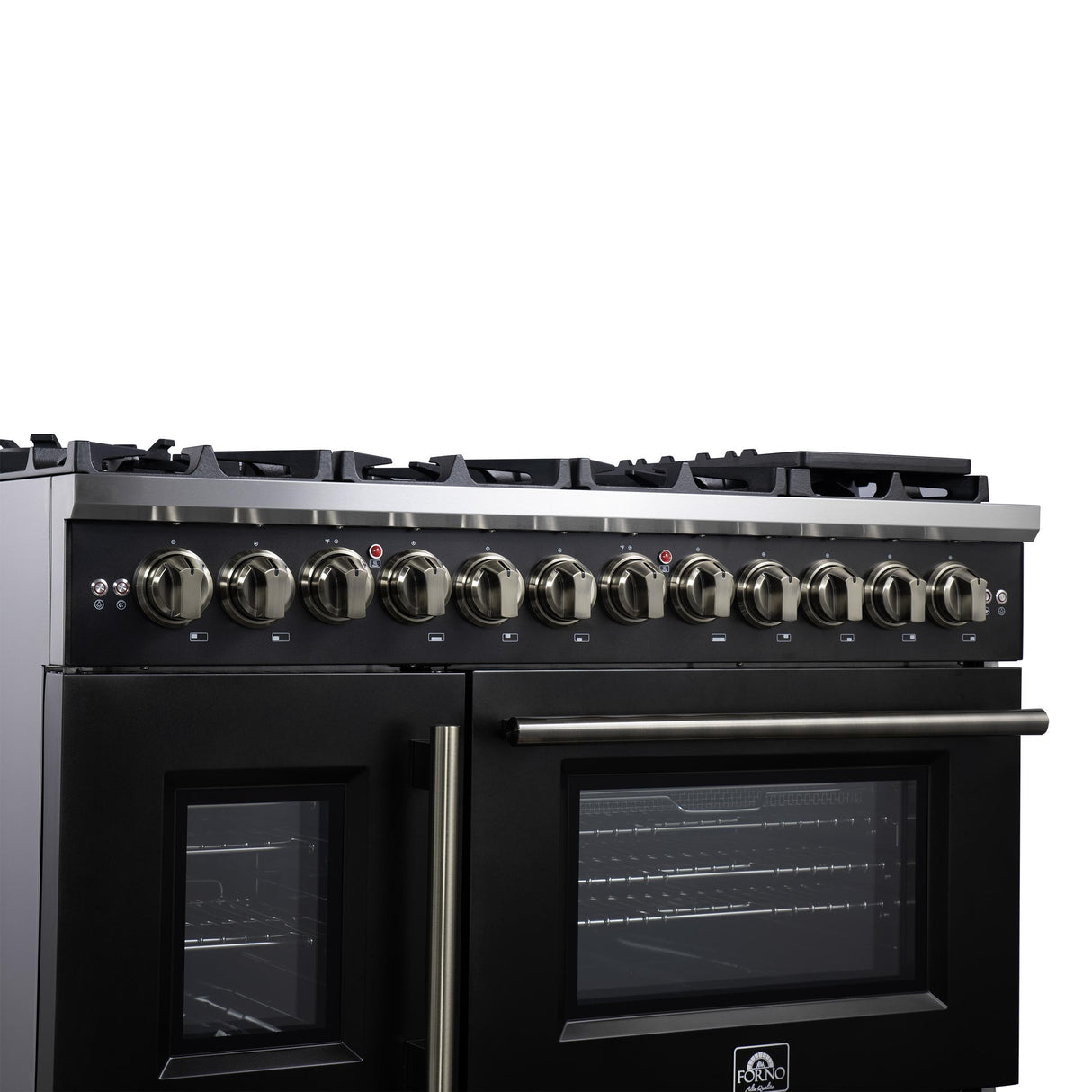 Forno Capriasca 48 Inch Freestanding French Door Dual Fuel Range in Black with Antique Brass Accessories, 8 Burners, True Convection Oven