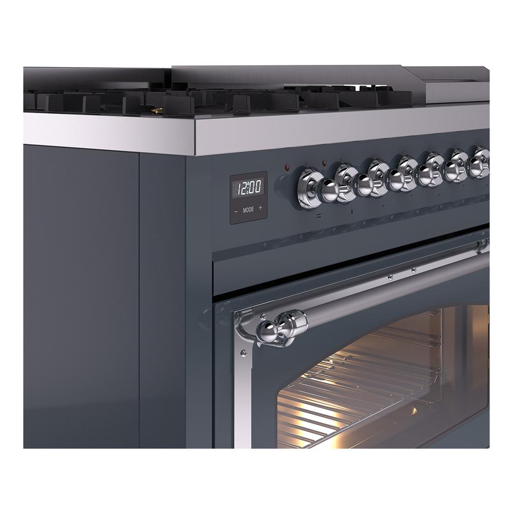 ILVE UN48FNMPBGC Nostalgie II Noblesse 48 inch Dual Fuel Range (8 Sealed Burners + Griddle, Natural Gas, Triple Glass Door, Blue Grey, Chrome)