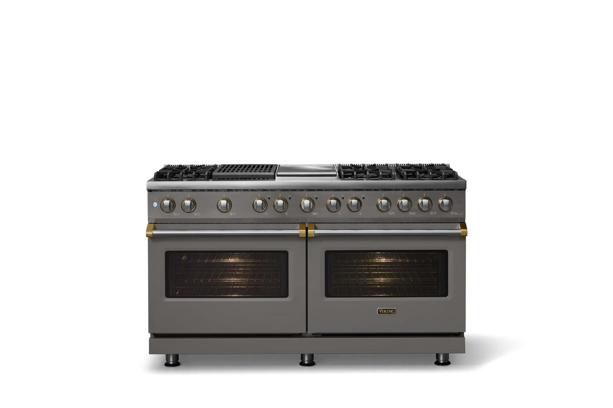 60"W.Dual Fuel Range (Finish: Damascus Gray, Trim: Brushed Brass, Fuel: Propane)